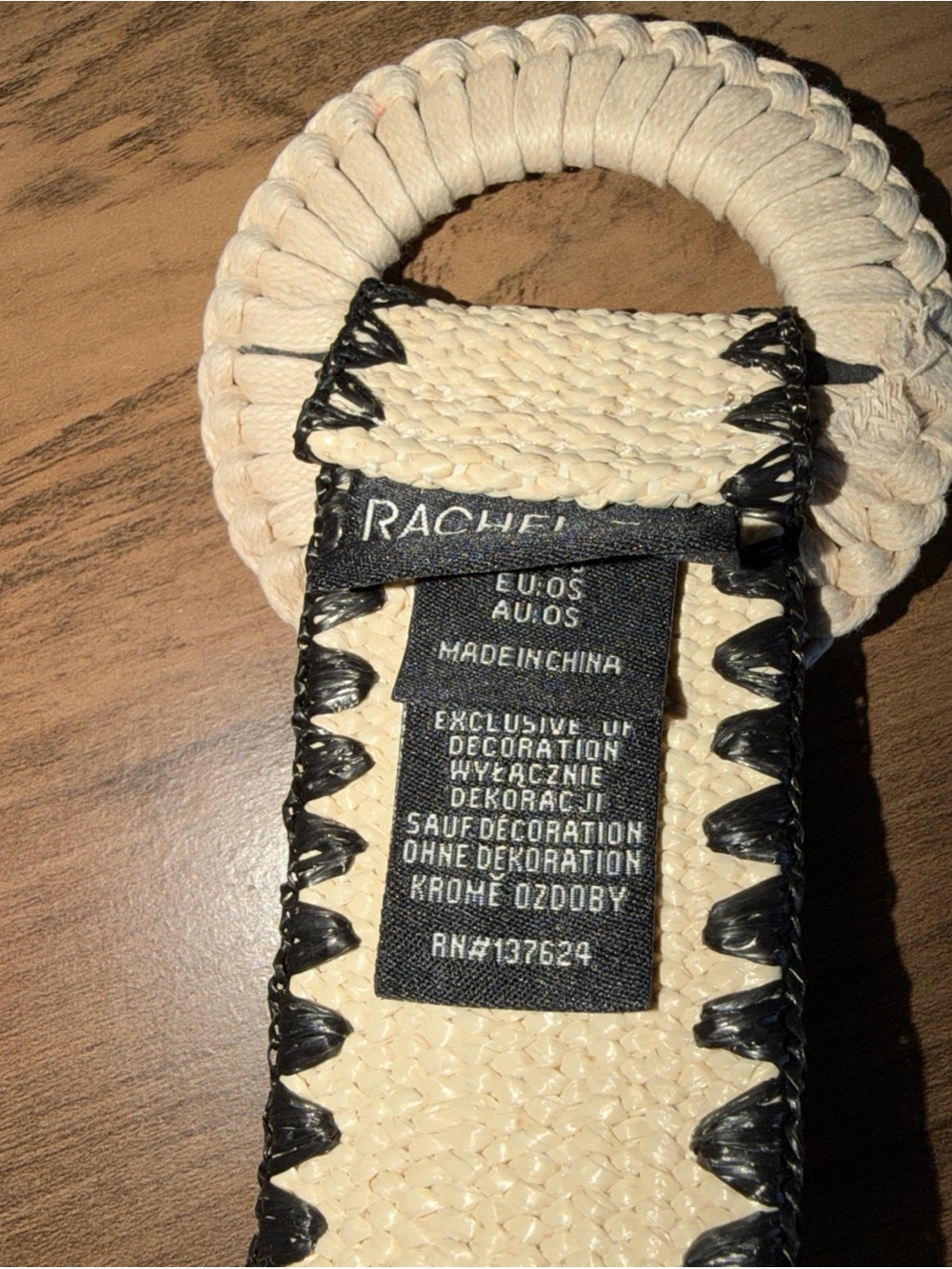 Rachel Zoe Woven Cream Belt with Black Trim and Round Buckle - Picture 3 of 4